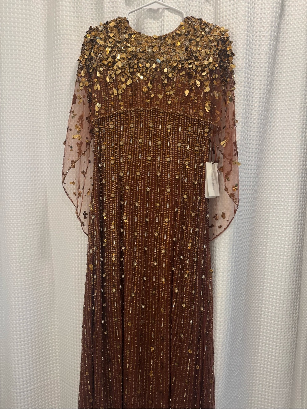 Jenny Packham Nettie Cape Embellished Sequin Tulle Gown Bronze Size 16